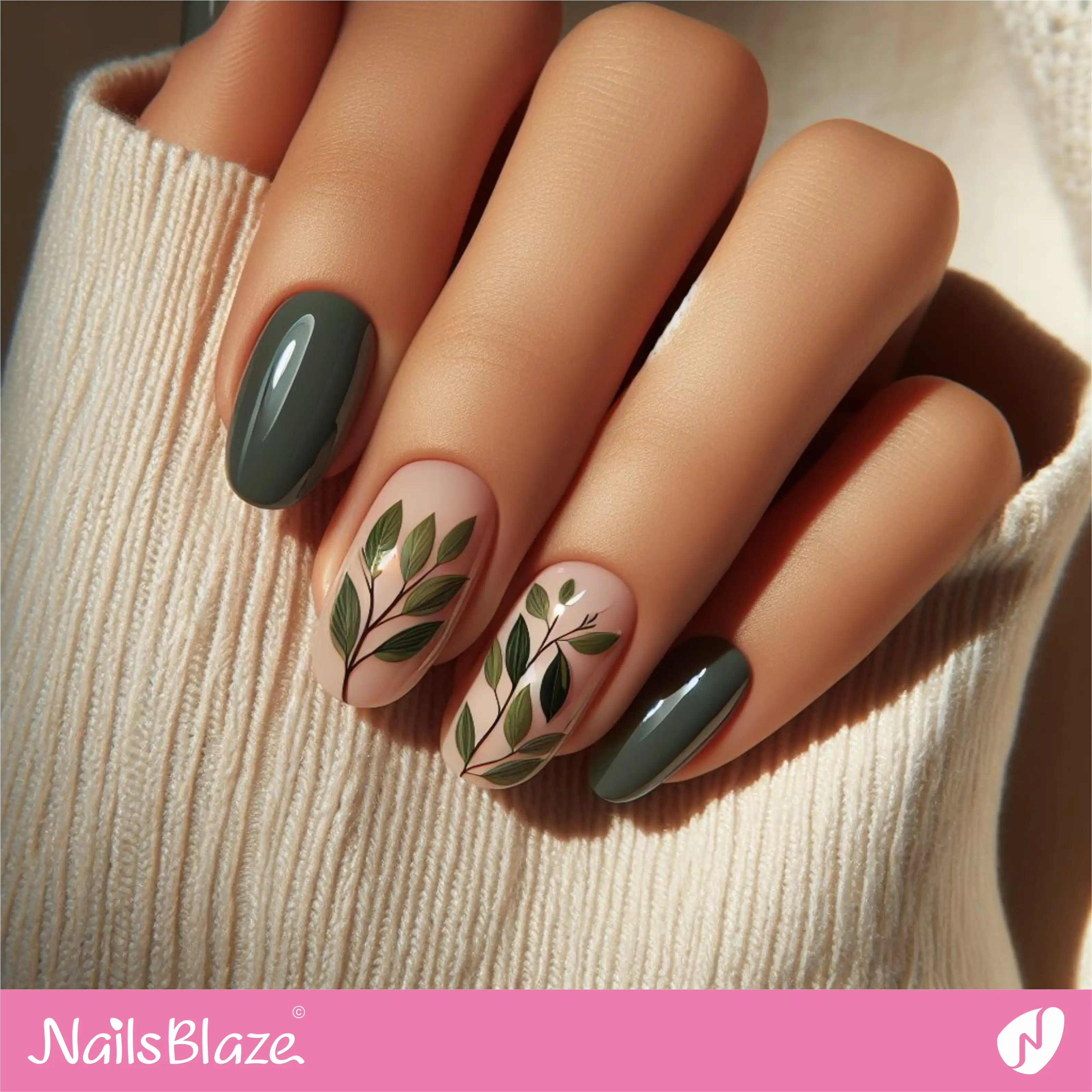 Olive Leaves Nail Design | Nature-inspired Nails - NB1611
